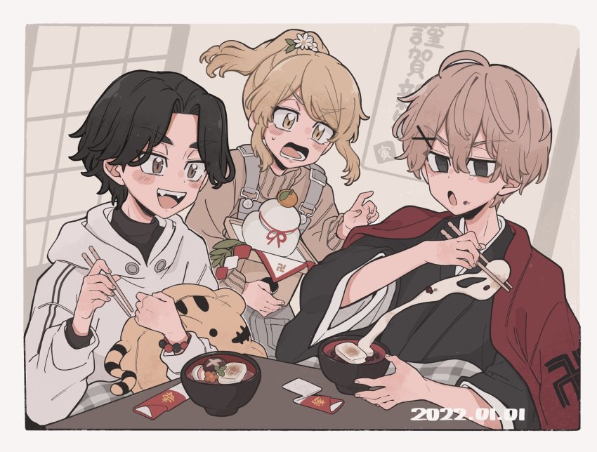 1girl, 2boys, :d, aged_down, baji_keisuke, bead_bracelet, beads, black_eyes