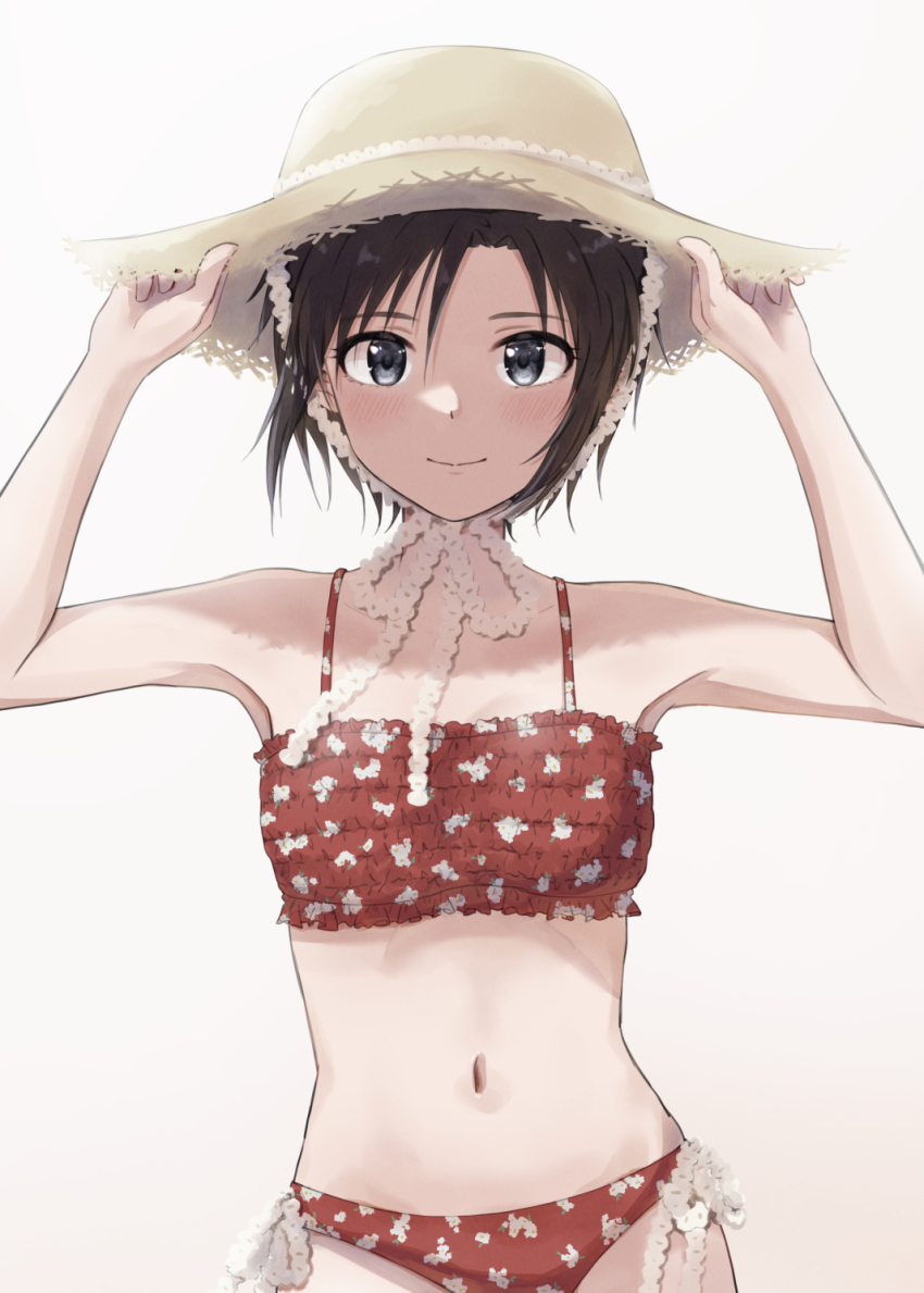 1girl, armpits, arms_up, bare_arms, bikini, black_eyes, black_hair, blush