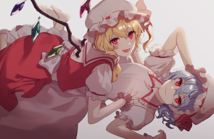 2girls, :d, ap5ry, arms_up, ascot, back_bow, barefoot, blonde_hair