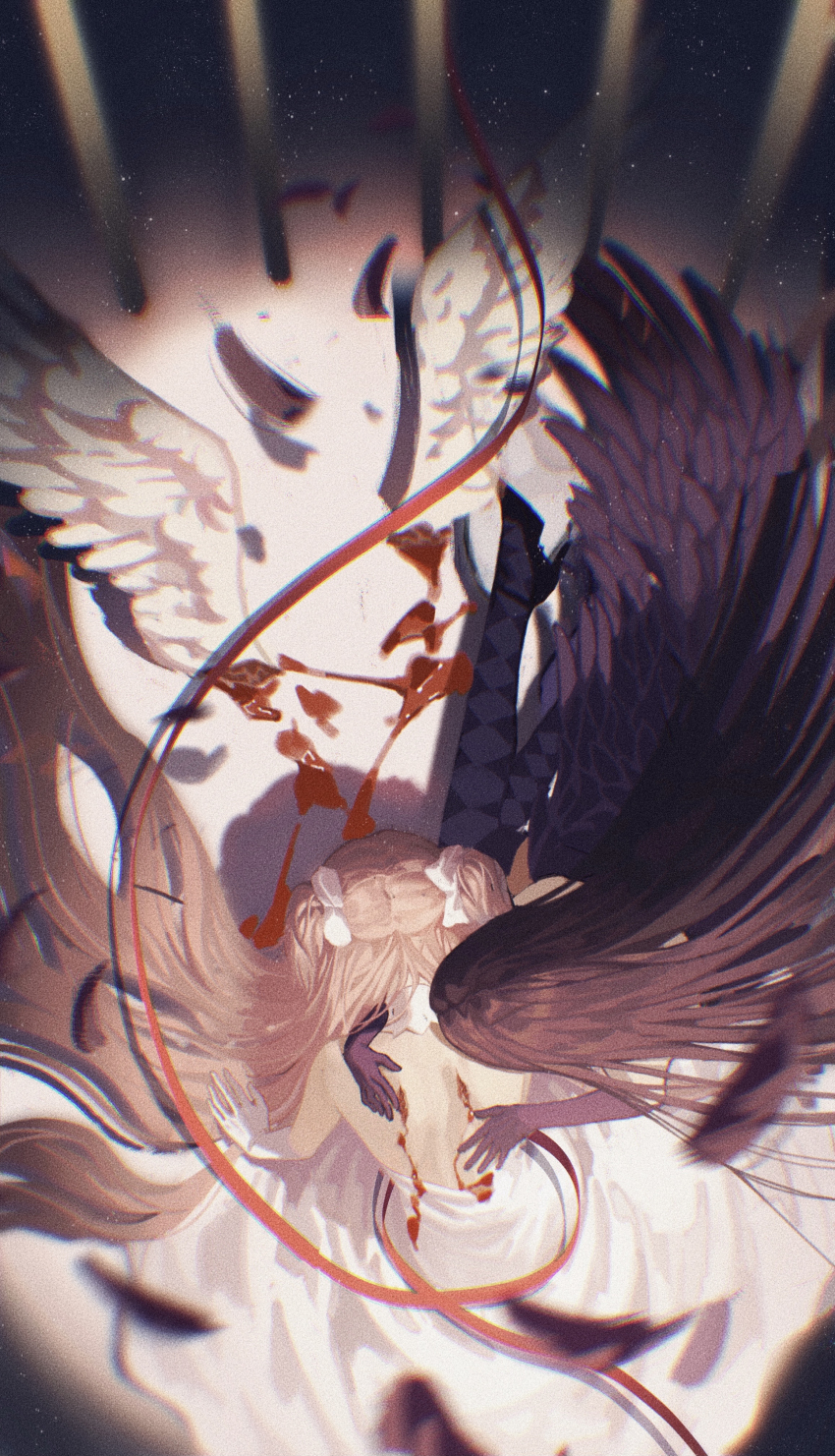 2girls, absurdly_long_hair, absurdres, akemi_homura, akuma_homura, all_fours, argyle_clothes, argyle_legwear, backless_dress, backless_outfit, bars, black_feathers, black_footwear, black_gloves, black_hair, black_thighhighs, black_wings, bleeding, blood, blood_on_back, blood_on_clothes, blurry, chinese_commentary, choker, chromatic_aberration, commentary_request, depth_of_field, detached_collar, dress, elbow_gloves, facing_away, feathered_wings, feathers, from_above, gloves, hair_ribbon, hands_on_another's_back, high_heels, highres, injury, kaname_madoka, long_dress, long_hair, mahou_shoujo_madoka_magica, mahou_shoujo_madoka_magica:_hangyaku_no_monogatari, multiple_girls, pink_hair, red_ribbon, ribbon, severed_limb, severed_wings, thighhighs, two_side_up, ultimate_madoka, very_long_hair, white_choker, white_dress, white_gloves, white_ribbon, white_wings, wings, yayaziiii
