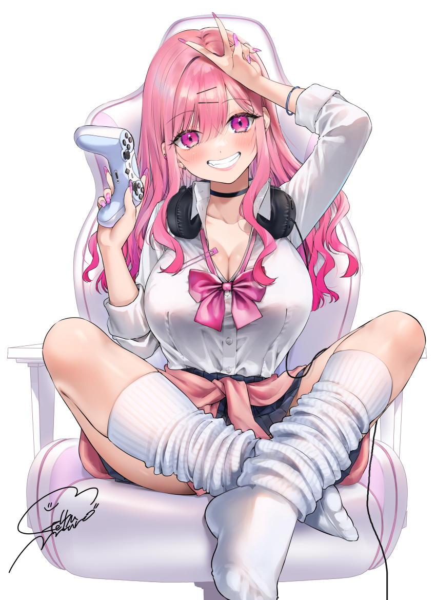 1girl, absurdres, blue_skirt, bow, bowtie, breasts, chair, clothes_around_waist