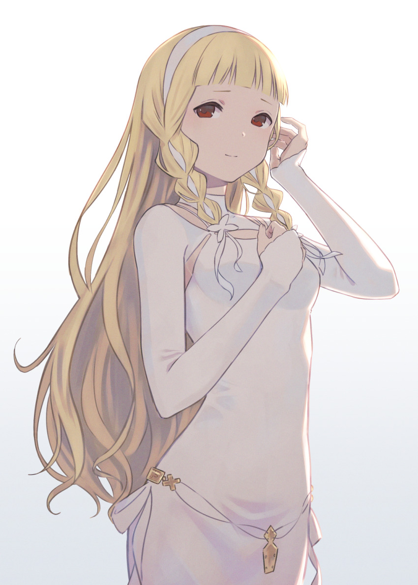 1girl, belt, blonde_hair, blunt_bangs, braid, closed_mouth, cowboy_shot, dress
