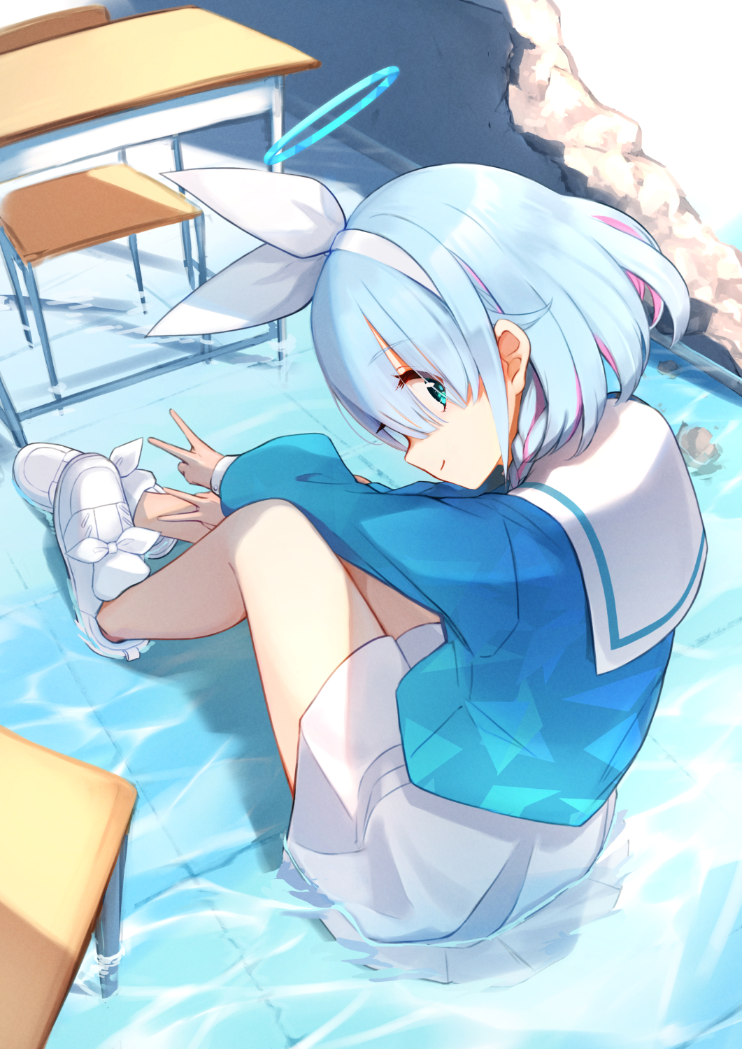 1girl, arona_(blue_archive), bare_legs, blue_archive, blue_eyes, blue_hair, blue_shirt, bow_hairband