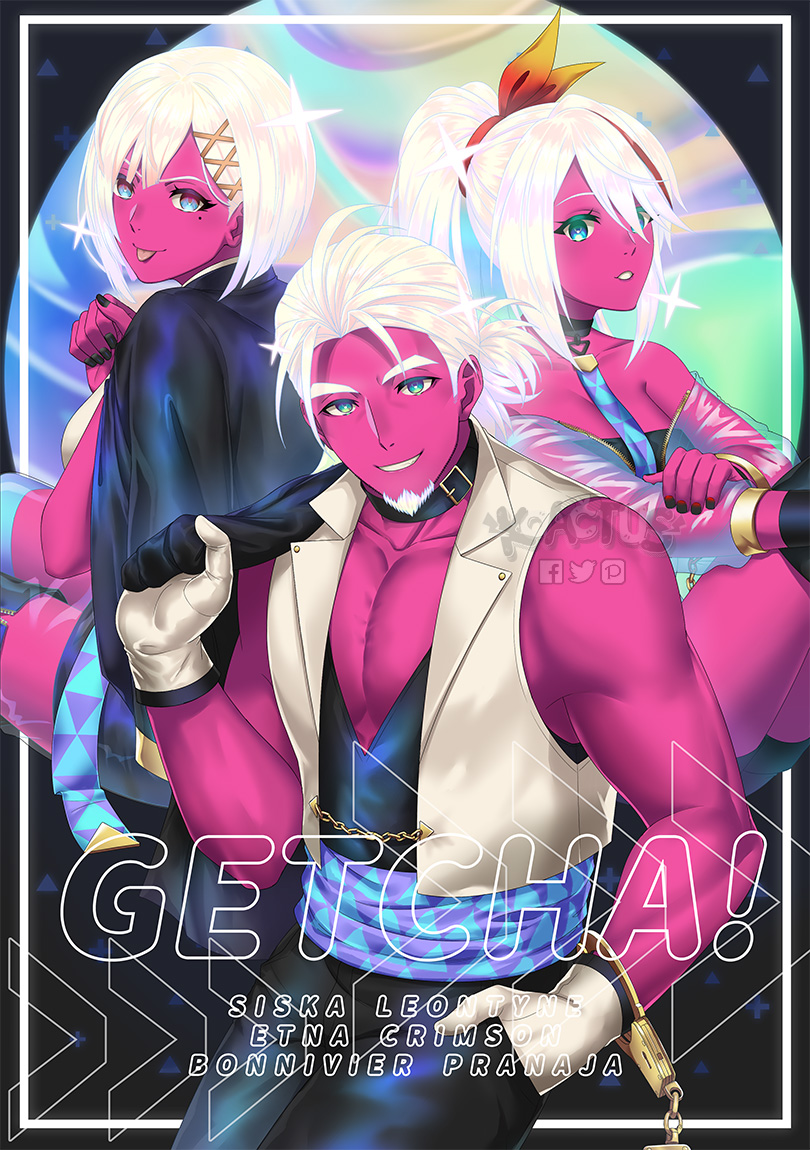 1boy, 2girls, beard, beige_vest, blue_bodysuit, blue_collar, blue_eyes, bodysuit, bonnivier_pranaja, character_name, collar, collarbone, colored_skin, commentary, english_commentary, etna_crimson, facial_hair, getcha!_(vocaloid), hair_ribbon, holding, holding_jacket, holding_unworn_clothes, jacket, koactus, long_hair, medium_hair, mole, mole_under_eye, multicolored_hair, multiple_girls, muscular, muscular_male, nijisanji, nijisanji_id, off_shoulder, parted_lips, pectoral_cleavage, pectorals, pink_skin, ponytail, red_hair, red_ribbon, ribbon, short_hair, siska_leontyne, sitting, smile, song_name, strapless, streaked_hair, thighhighs, tongue, tongue_out, tube_top, unworn_jacket, virtual_youtuber, vocaloid, watermark, white_hair