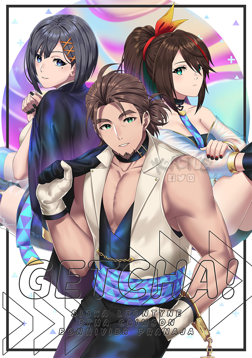 1boy, 2girls, beard, beige_vest, blue_bodysuit, blue_collar, blue_eyes, bodysuit