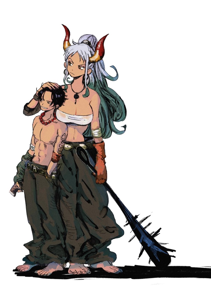 1boy, 1girl, abs, alternate_costume, arm_at_side, arm_tattoo, asymmetrical_gloves, asymmetrical_sleeves