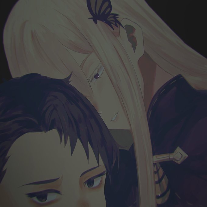 1boy, 1girl, alternate_hairstyle, alternate_universe, black_dress, black_eyes, black_hair, butterfly_hair_ornament