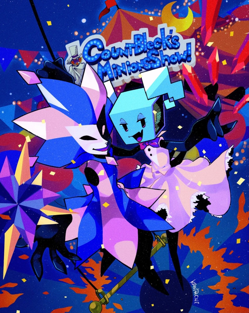 1boy, 1girl, blue_background, bow, bowtie, circus, circus_tent, clown, clown_boy, count_bleck, dimentio, dress, fangs, gears, highres, jester, jester_boy, kanpachi999, mario_(series), mask, mimi_(paper_mario), nintendo, open_mouth, paper_mario, pointing, smile, super_paper_mario