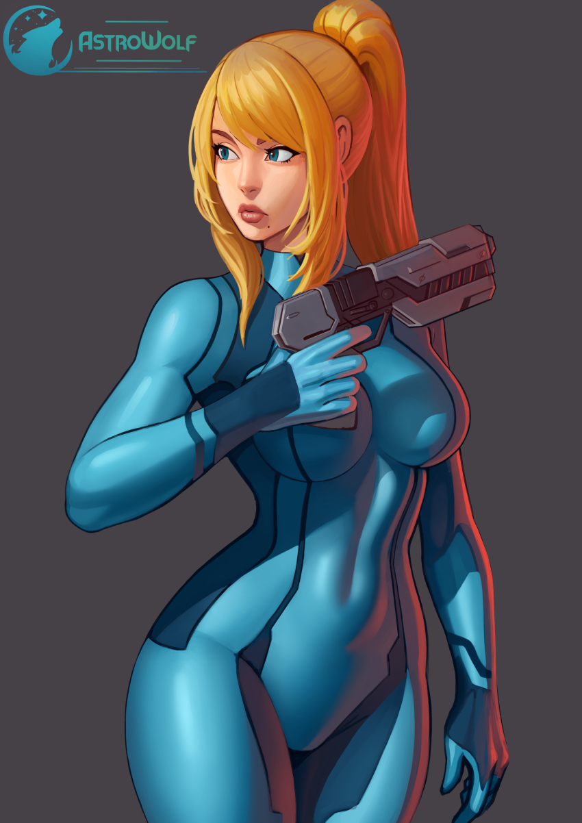 1girl, absurdres, artist_logo, artist_name, astrowolf, blonde_hair, blue_bodysuit, blue_eyes