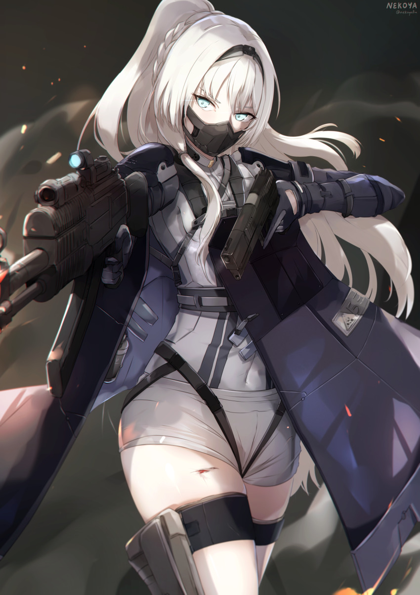 1girl, an-94, an-94_(girls'_frontline), an-94_(mod3)_(girls'_frontline), artist_name, assault_rifle, black_gloves, blue_eyes, blue_jacket, braid, commentary_request, cuts, girls'_frontline, gloves, gun, handgun, highres, holding, holding_gun, holding_weapon, injury, jacket, long_hair, looking_at_viewer, mask, mod3_(girls'_frontline), mouth_mask, multiple_weapons, name_connection, nekoya_(liu), object_namesake, open_clothes, open_jacket, pistol, ponytail, rifle, shirt, short_shorts, shorts, signature, solo, standing, trigger_discipline, twitter_username, very_long_hair, weapon, white_hair, white_shirt, white_shorts