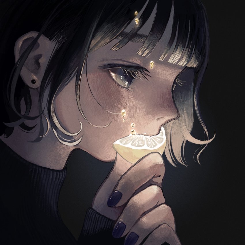 1girl, black_background, black_hair, black_nails, blunt_bangs, blush, earrings, floating, food, fruit, glowing, hanio3, highres, jewelry, lemon, lemon_slice, nail_polish, original, portrait, profile, short_hair, simple_background, solo