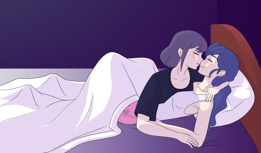 2girls, alternate_hairstyle, arms_behind_head, avery_(little_witch_academia), bed, black_shirt, blanket, blue_hair