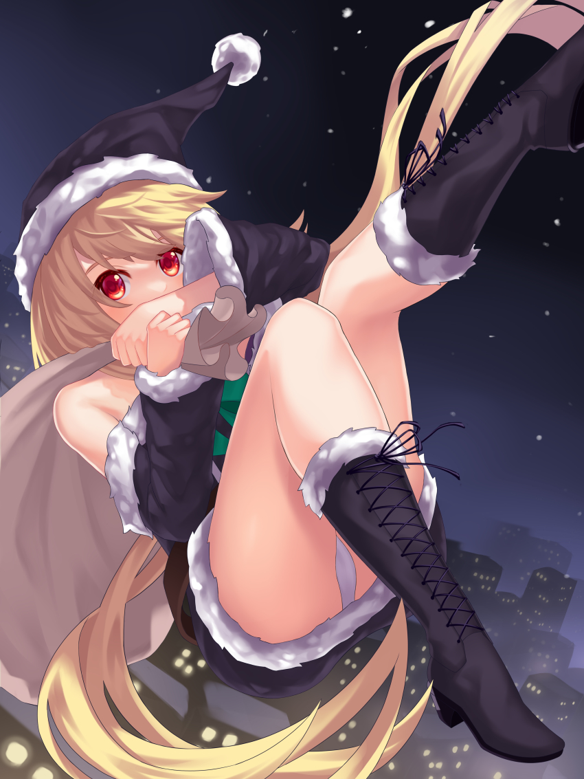 1girl, absurdres, admiral_scheer_(warship_girls_r), bad_id, bad_pixiv_id, black_boots, black_hat, black_santa_costume, black_sleeves, blonde_hair, boots, building, christmas, city, detached_sleeves, fur-trimmed_boots, fur-trimmed_sleeves, fur_trim, hat, highres, lace-up_boots, long_hair, low_twintails, night, outdoors, panties, pixiv12725231, red_eyes, santa_costume, santa_hat, solo, twintails, underwear, very_long_hair, warship_girls_r, white_panties