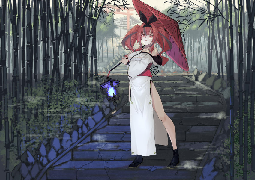 1girl, absurdres, alternate_costume, architecture, azur_lane, bamboo, bamboo_forest, black_hairband