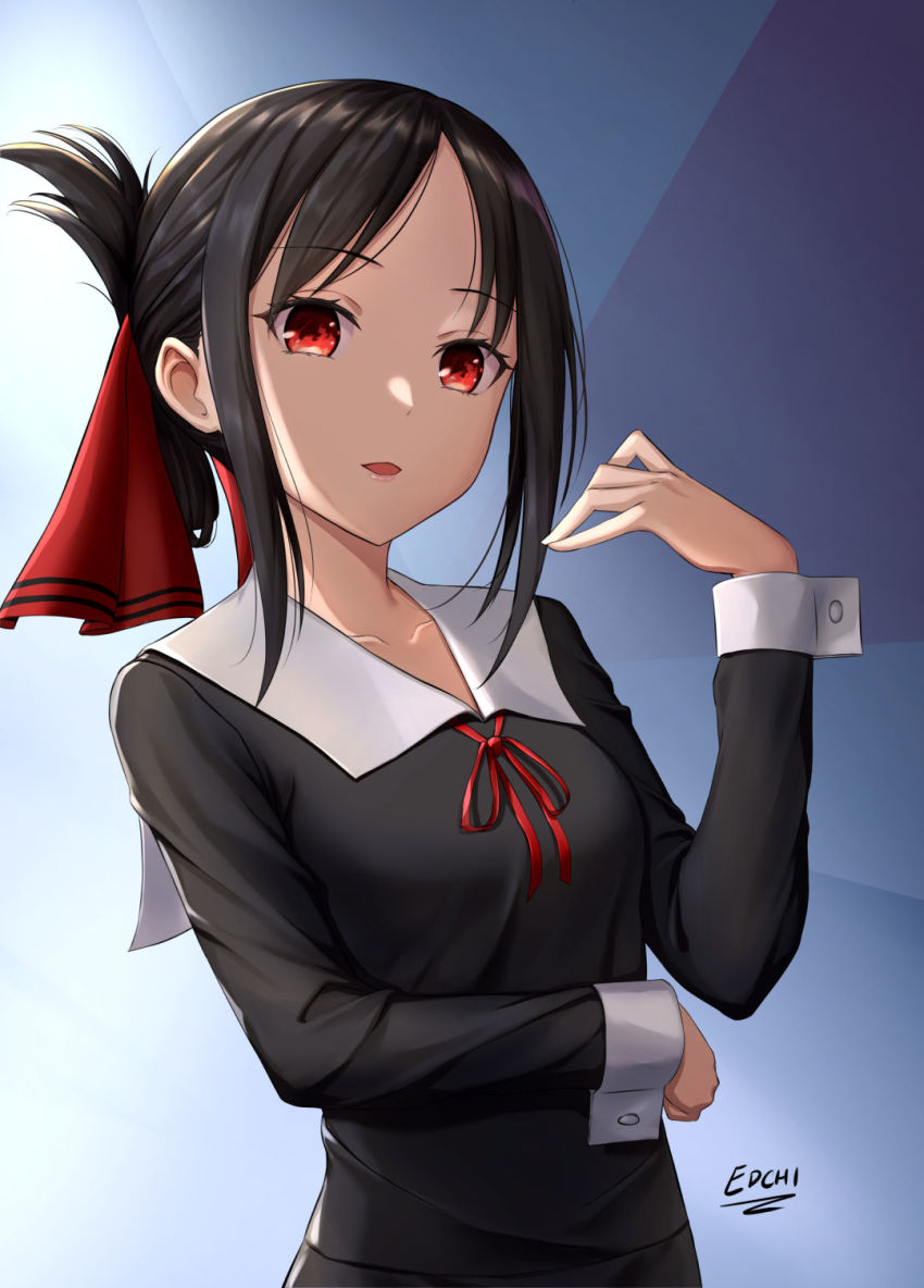 1girl, black_hair, black_shirt, collarbone, collared_shirt, edchi, highres, kaguya-sama_wa_kokurasetai_~tensai-tachi_no_renai_zunousen~