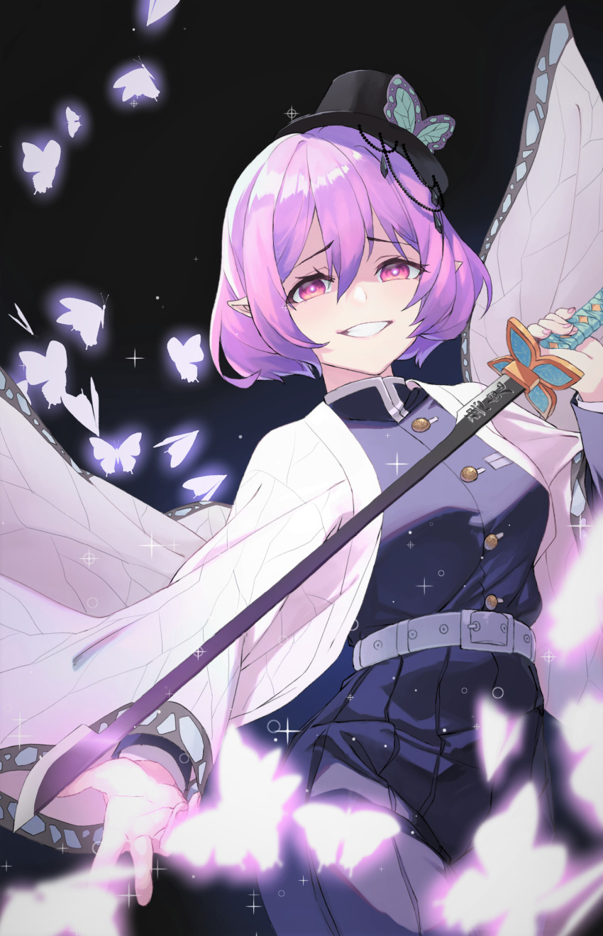 1girl, absurdres, axokim, belt, belt_buckle, black_background, black_hat, buckle