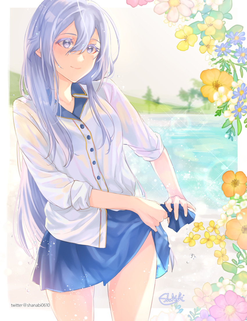 1girl, 86_-eightysix-, blue_eyes, blue_flower, blue_hair, blue_skirt, blurry, blurry_background