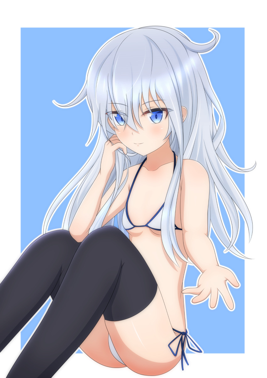 1girl, bare_arms, bell_shireikan, bikini, black_thighhighs, blue_background, blue_eyes, blush