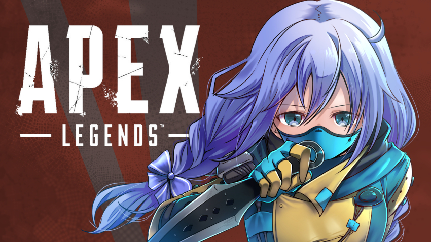 1girl, apex_legends, blue_bodysuit, blue_bow, blue_hair, bodysuit, bow, braid, copyright_name, cosplay, depths_of_the_void_wraith, green_eyes, hair_between_eyes, hair_bow, holding, holding_knife, huleito, knife, kunai, leaning_forward, logo, mask, mouth_mask, nijisanji, red_background, solo, virtual_youtuber, weapon, hope's_dusk_(apex_legends), wraith_(apex_legends), wraith_(apex_legends)_(cosplay), yuuki_chihiro