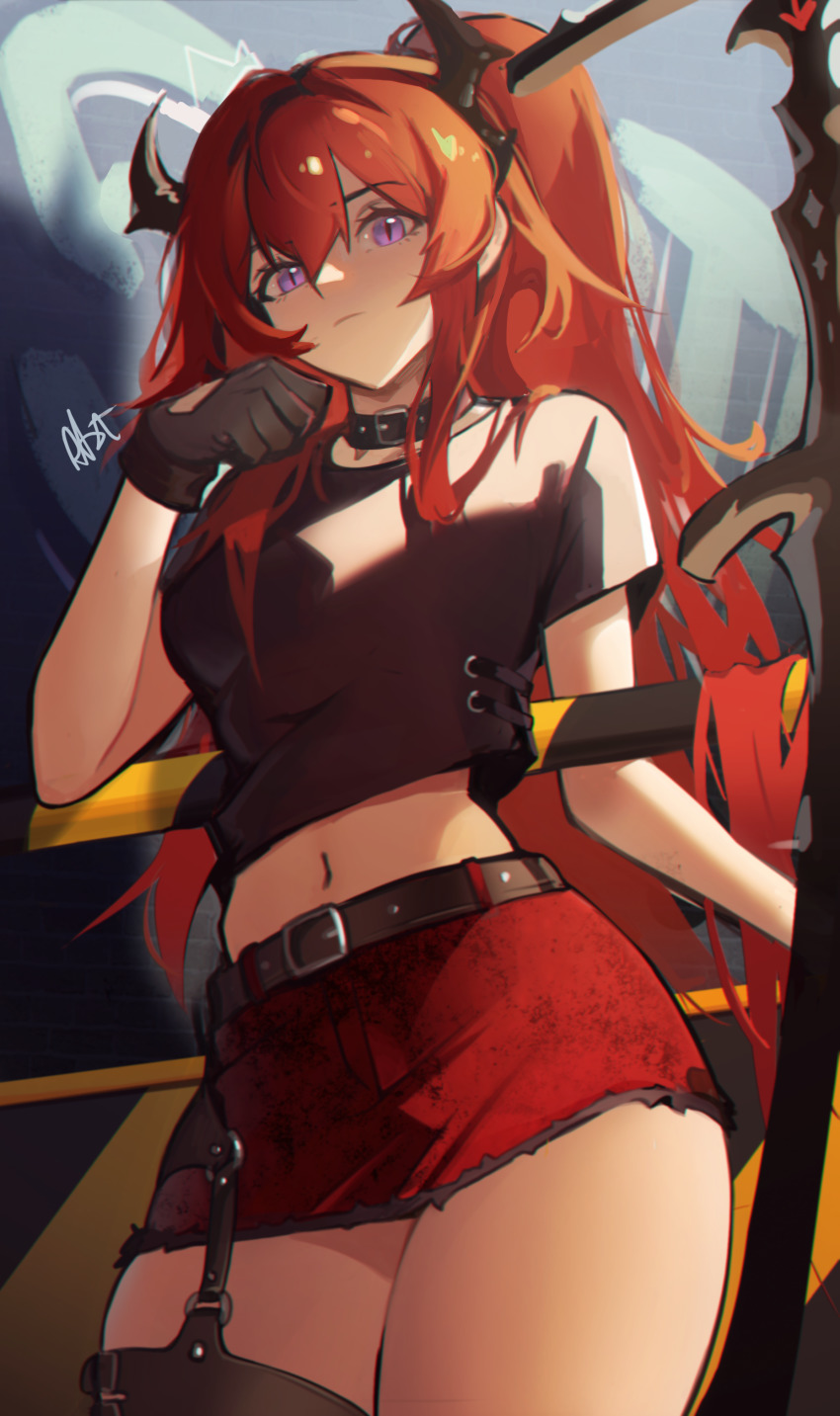 1girl, absurdres, arknights, belt, belt_buckle, black_gloves, black_shirt, black_thighhighs, breasts, buckle, closed_mouth, collar, cowboy_shot, distr, dress, gloves, graffiti, highres, horns, long_hair, looking_at_viewer, midriff, miniskirt, navel, official_alternate_costume, one_side_up, purple_eyes, red_dress, red_hair, shirt, short_sleeves, signature, single_thighhigh, skirt, solo, stomach, surtr_(arknights), surtr_(liberte_echec)_(arknights), sword, thighhighs, thighs, very_long_hair, weapon