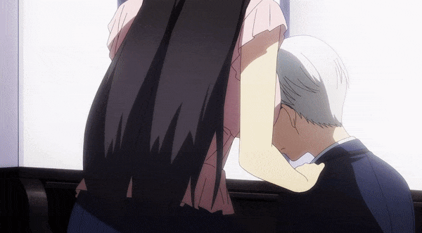 1boy, 1girl, animated, animated_gif, anime_screenshot, black_hair, blue_eyes, blue_jacket
