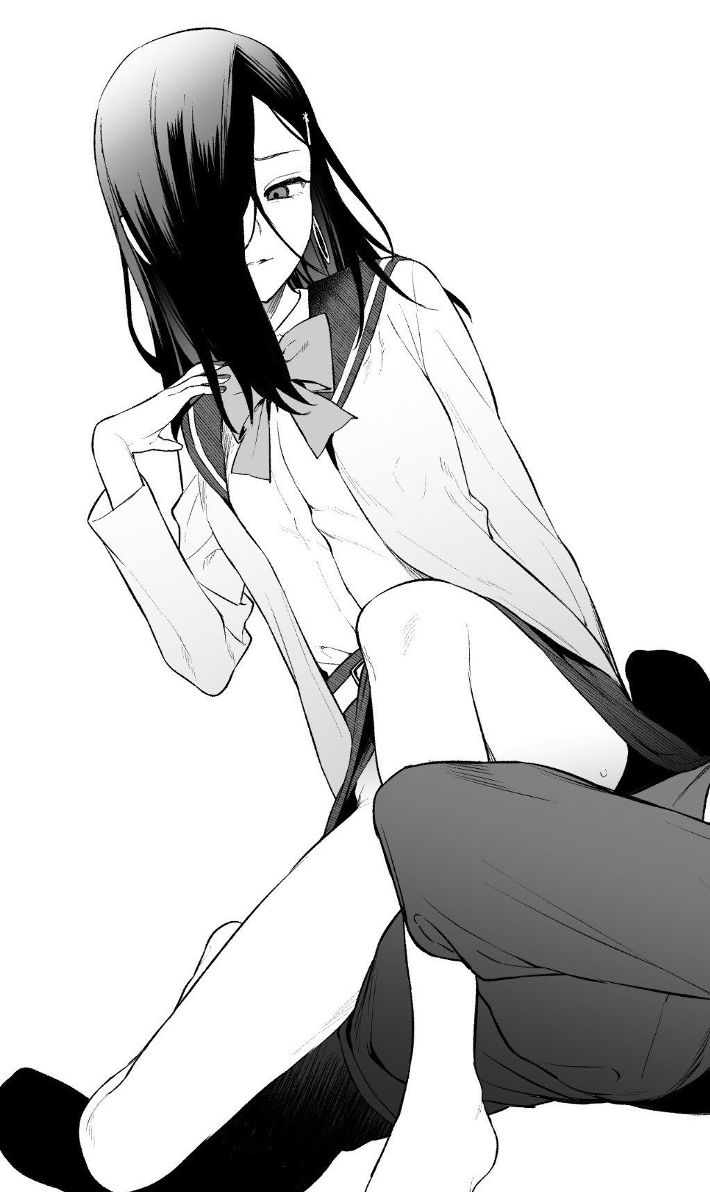 1boy, 1girl, bare_legs, barefoot, bow, bowtie, caligula_(game), caligula_(series)