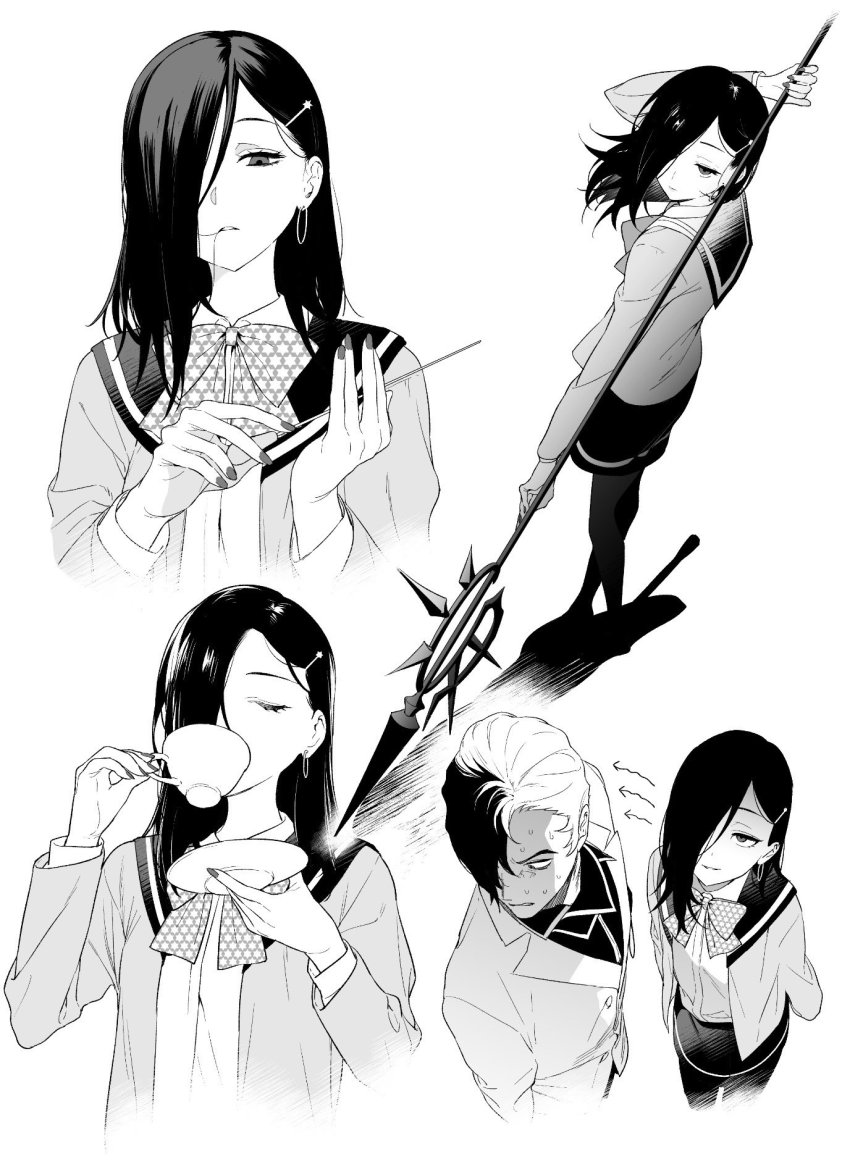 1boy, 1girl, bow, bowtie, caligula_(game), caligula_(series), cardigan, closed_eyes