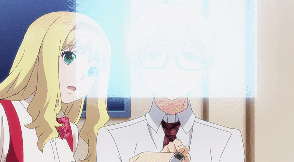1boy, 1girl, animated, animated_gif, anime_screenshot, bow, bowtie, breasts