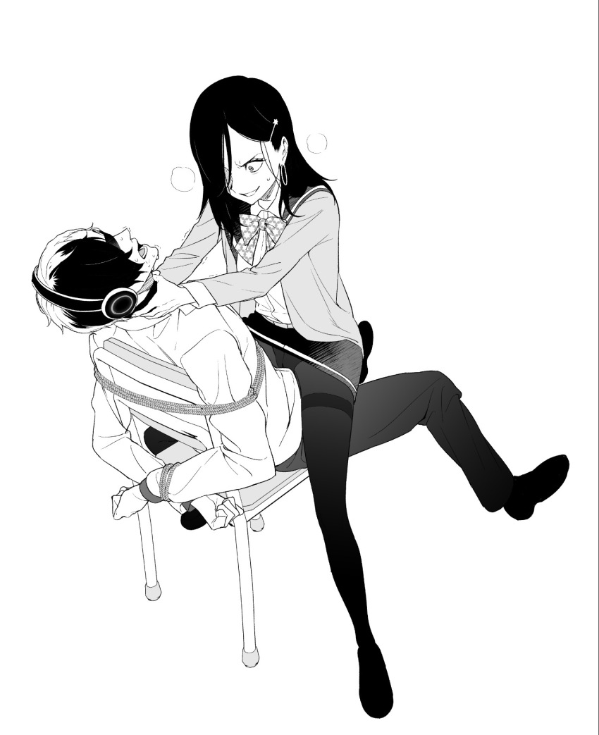 1boy, 1girl, bdsm, blindfold, bondage, bound, bound_wrists, bow, bowtie, caligula_(game), caligula_(series), cardigan, chair, collared_shirt, earrings, femdom, girl_on_top, greyscale, grin, hair_ornament, hair_over_one_eye, hairclip, hands_on_another's_neck, headphones, highres, hoop_earrings, jewelry, long_hair, looking_at_another, mameojitan, monochrome, multicolored_hair, open_cardigan, open_clothes, open_mouth, panties, pantyhose, rope, sailor_collar, satake_shougo, shirt, simple_background, sitting, skirt, smile, straddling, strangling, sweat, thorn_(caligula), two-tone_hair, underwear, white_shirt