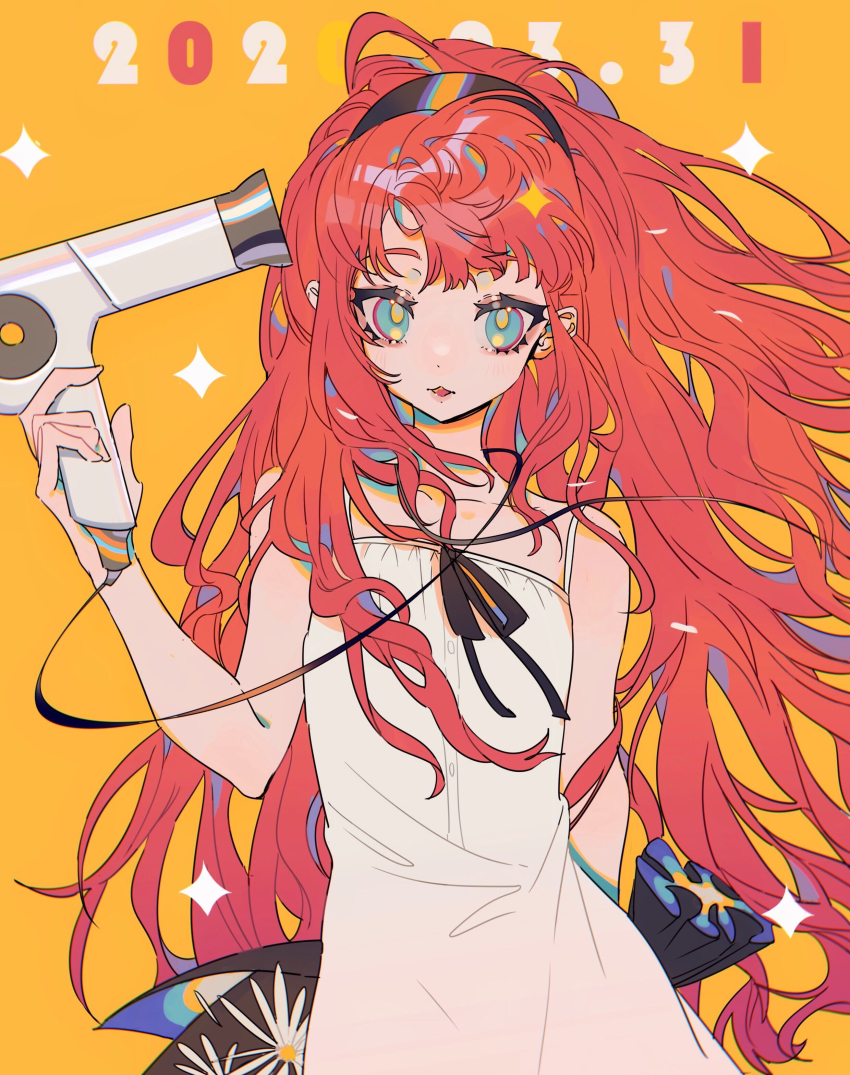 1girl, absurdres, bare_arms, black_hairband, blue_eyes, collarbone, commentary, dated