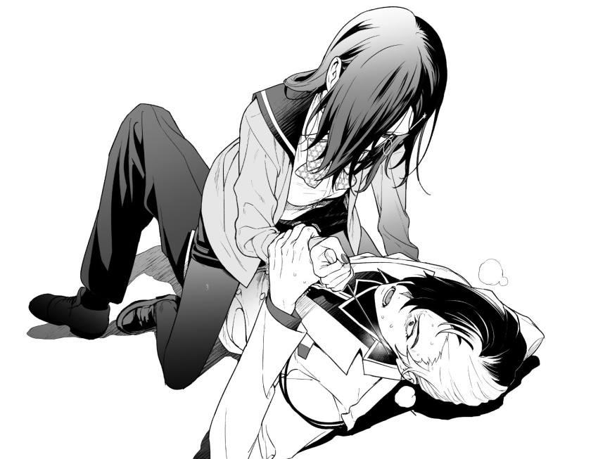 1boy, 1girl, blazer, bow, bowtie, caligula_(game), caligula_(series), cardigan