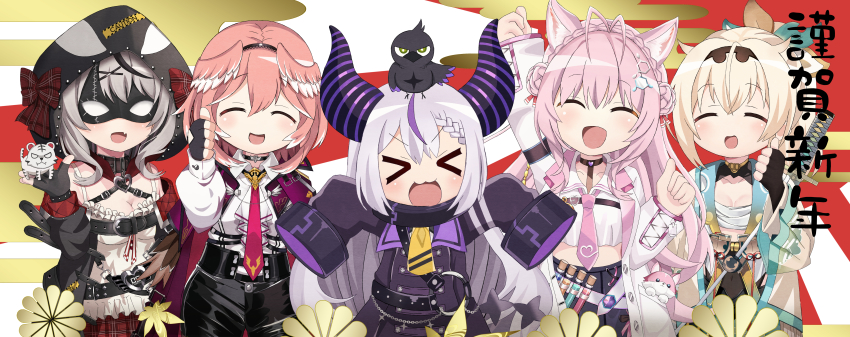 >_<, 5girls, absurdres, animal, animal_ears, animal_hood, animal_on_head, bird