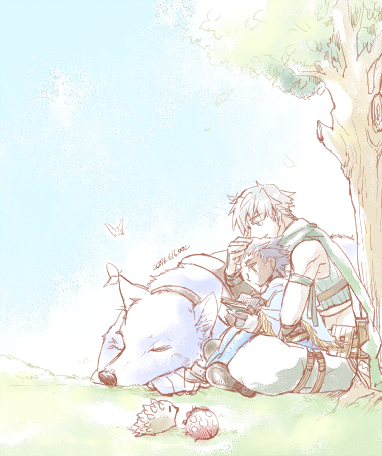 2boys, acolyte_(ragnarok_online), belt, blue_eyes, blue_pants, book, boots, brown_belt