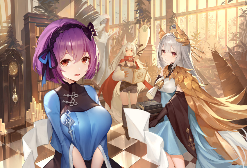 3girls, animal, animal_ears, animal_hands, animal_on_head, artist_request, bird, bird_on_head