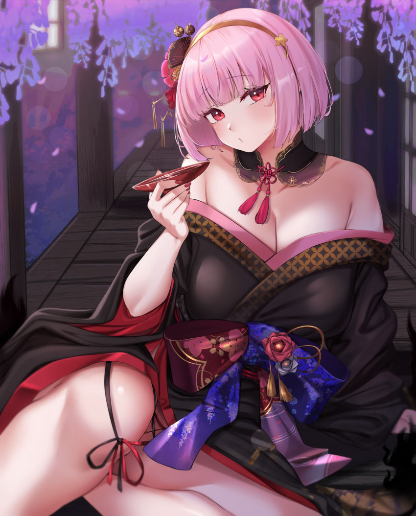 1girl, bare_shoulders, black_kimono, breasts, cleavage, closed_mouth, cup, detached_collar