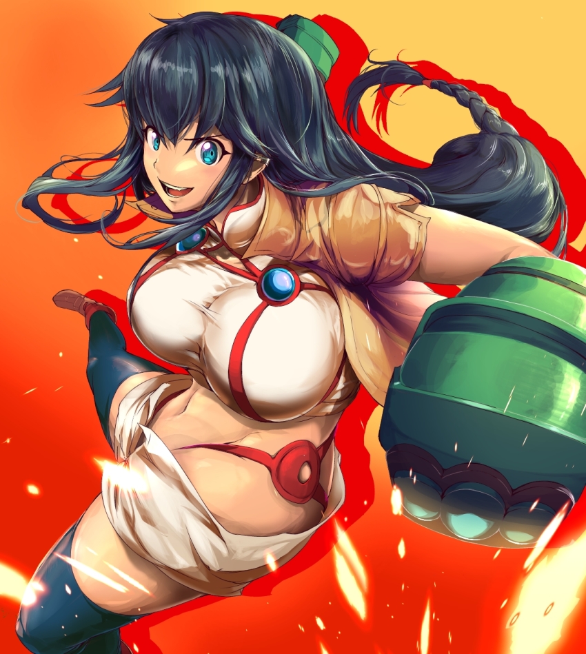 1girl, bad_anatomy, black_hair, blue_eyes, braid, breasts, commentary_request, crop_top, earrings, gauntlets, highres, impossible_clothes, impossible_shirt, jewelry, kanami_(log_horizon), large_breasts, log_horizon, long_hair, low-braided_long_hair, low-tied_long_hair, midriff, navel, outline, pekoneko, revision, shirt, shorts, single_braid, smile, solo, thighhighs, very_long_hair