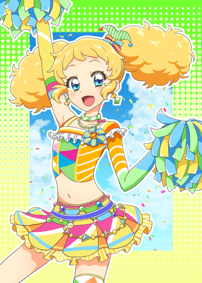 1girl, :d, aikatsu!, aikatsu!_(series), arm_up, armpits, blonde_hair, blue_eyes, blue_sky, blush, border, bow, cheering, cheerleader, cloud, cloudy_sky, collarbone, commentary, cowboy_shot, crop_top, day, detached_sleeves, earrings, gradient_border, green_border, hair_bow, highres, holding, holding_pom_poms, idol, jewelry, kurorook, midriff, multicolored_border, multicolored_bow, multicolored_skirt, navel, necklace, open_mouth, outline, polka_dot_border, pom_pom_(cheerleading), pom_poms, saegusa_kii, shiny_skin, single_bare_shoulder, single_detached_sleeve, single_thighhigh, skirt, sky, smile, solo, stomach, striped_choker, thighhighs, twintails, white_outline, yellow_border