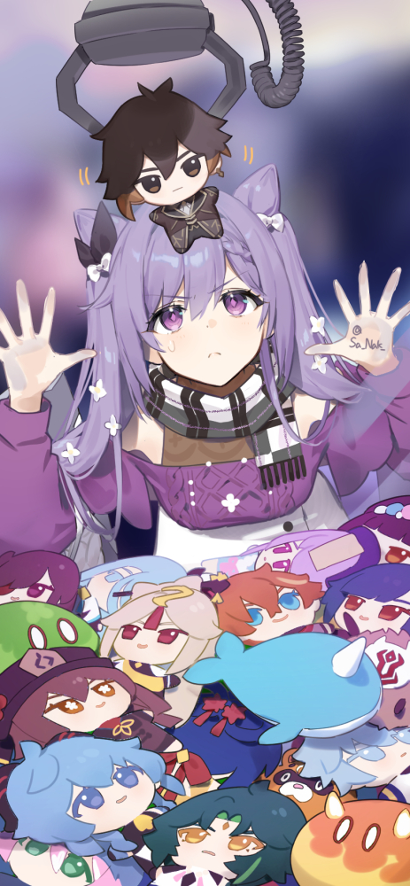 4boys, 6+girls, against_glass, alternate_costume, beidou_(genshin_impact), bow, casual, chongyun_(genshin_impact)