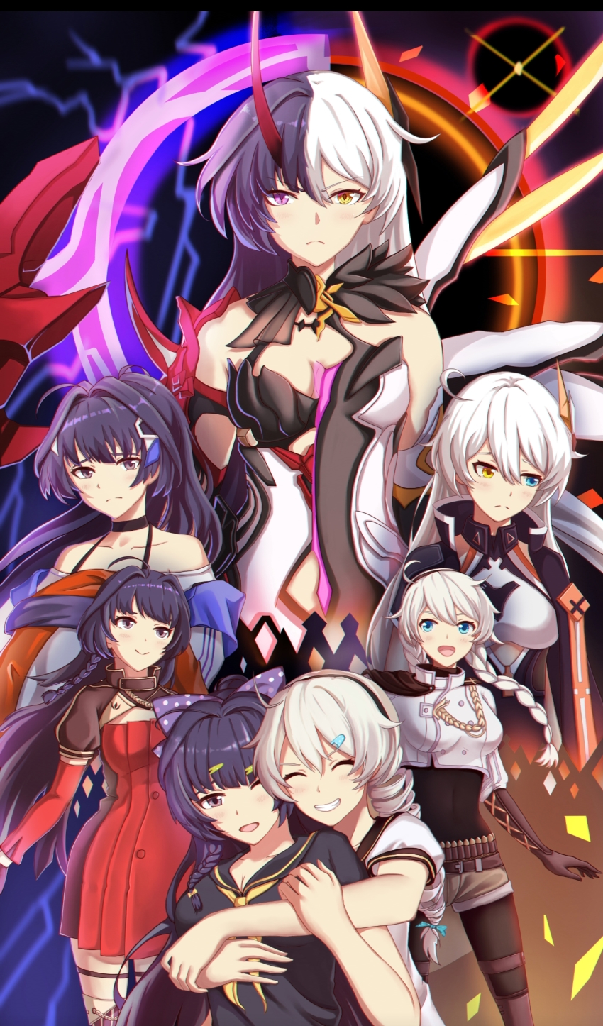 2girls, :d, absurdres, ammunition_belt, bare_shoulders, honkai_gakuen, black_jacket, black_shirt