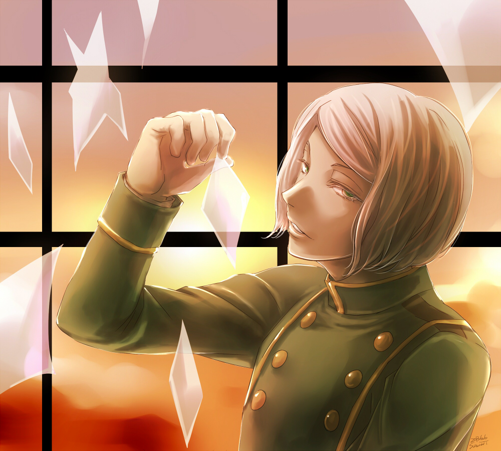 1boy, glass_shards, green_eyes, half-closed_eyes, holding, houkago_no_charisma, looking_at_viewer, riotactxx, school_uniform, sigmund_freud_(houkago_no_charisma), silver_hair, solo, st._kleio_academy_school_uniform, sunset, window