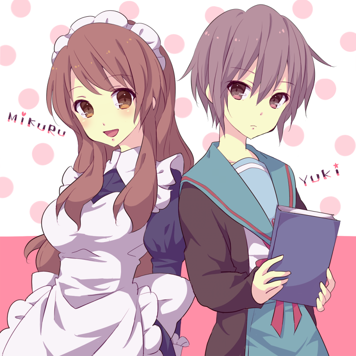 2girls, :d, apron, asahina_mikuru, blue_sailor_collar, blue_skirt, blush, book