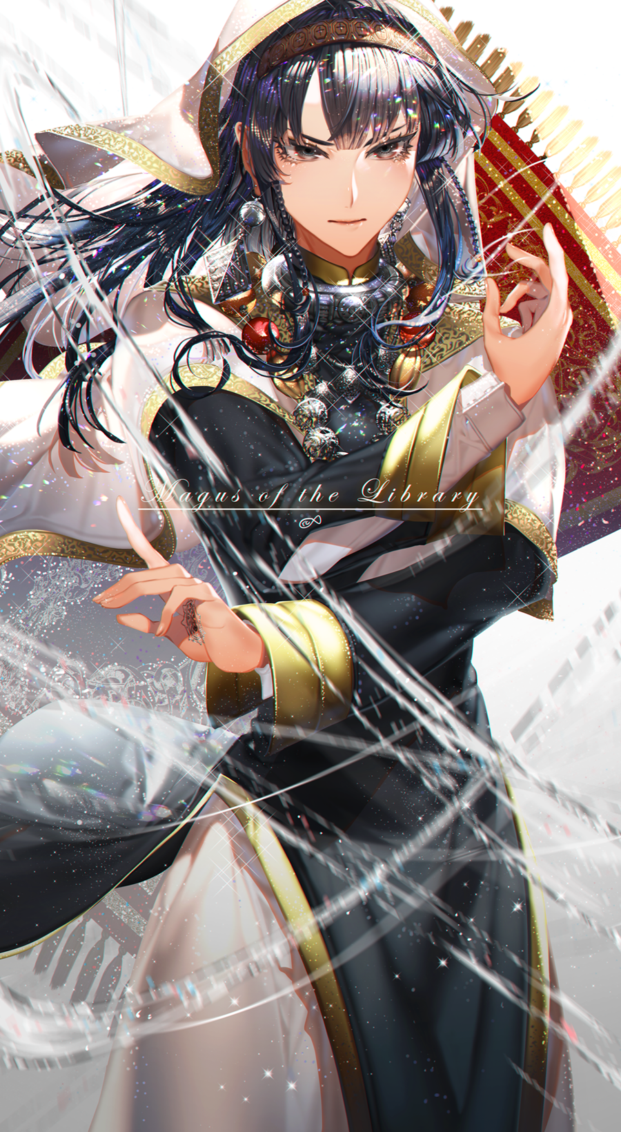 1girl, black_eyes, black_hair, closed_mouth, collar, copyright_name, cowboy_shot, earrings, hairband, hand_tattoo, highres, jewelry, sedona_bleu, solo, tattoo, toshokan_no_daimajutsushi, yakusuke