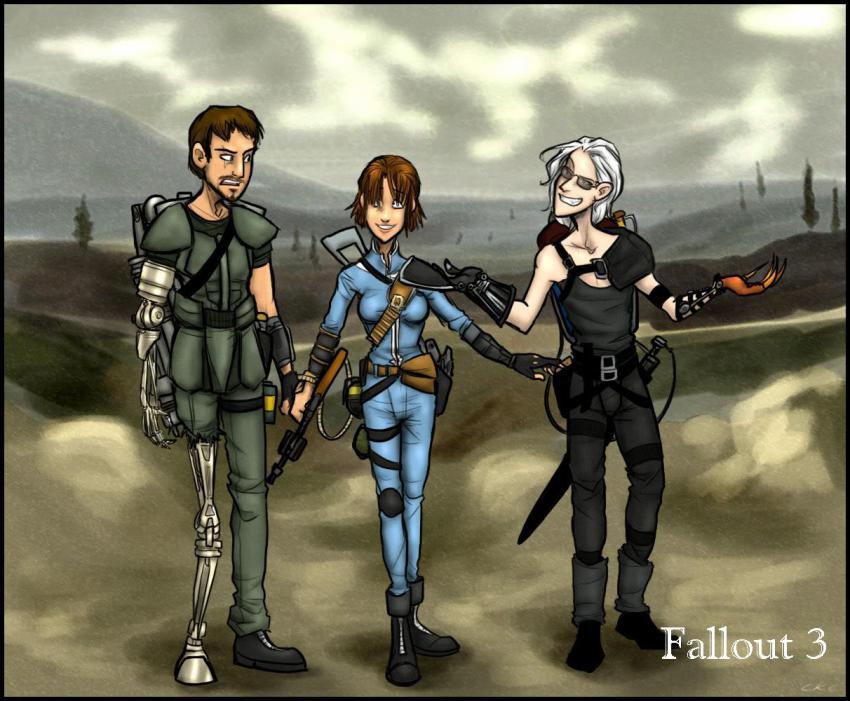 1girl, 2boys, albino, armor, armored_101_jumpsuit, beard, brown_eyes, brown_hair