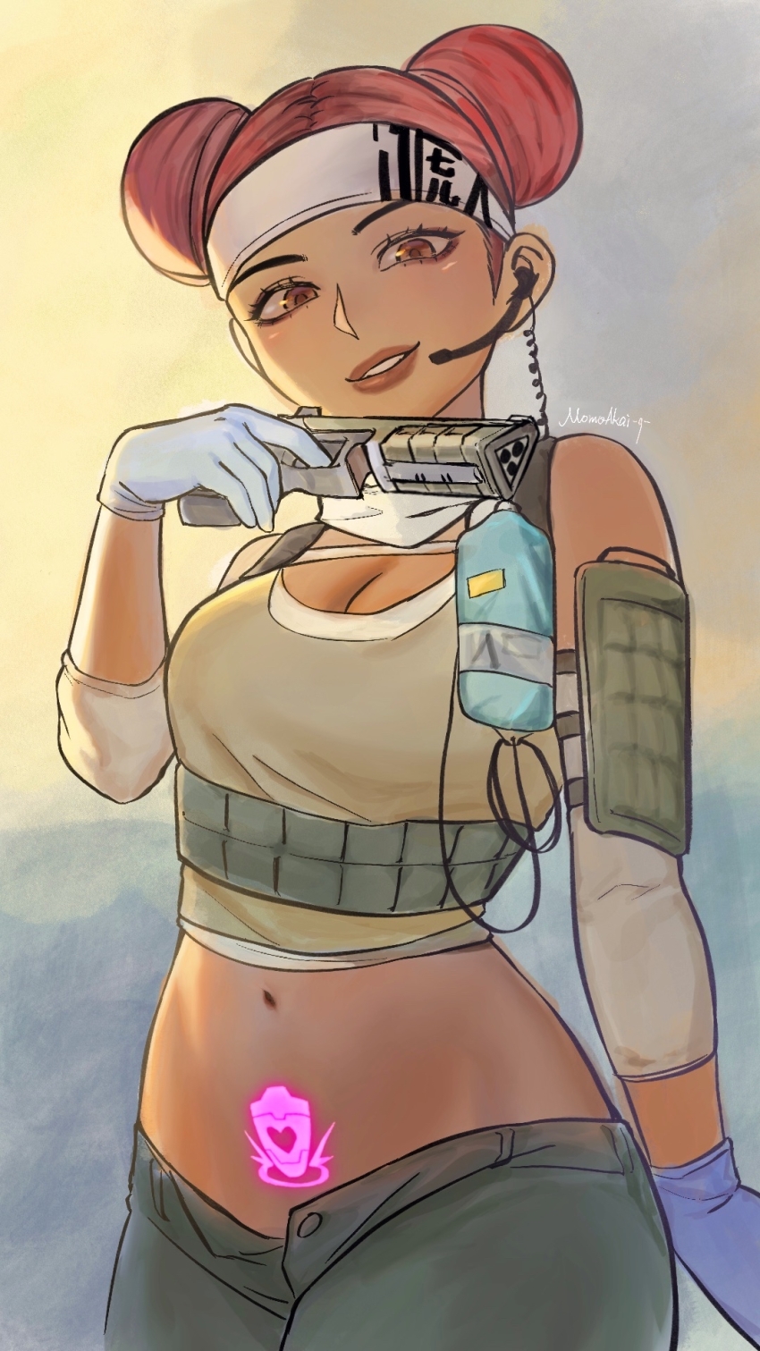 1girl, animification, apex_legends, beige_tank_top, blue_gloves, breasts, brown_eyes, cleavage, dark-skinned_female, dark_skin, detached_sleeves, energy_gun, gloves, grey_pants, gun, handgun, head_tilt, headband, headset, highres, holding, holding_gun, holding_weapon, lifeline_(apex_legends), looking_at_viewer, medium_breasts, open_pants, pants, parted_lips, pubic_tattoo, red_hair, sa-3_mozambique, shotgun, smile, solo, taozechi_momoakai, tattoo, weapon, white_headband