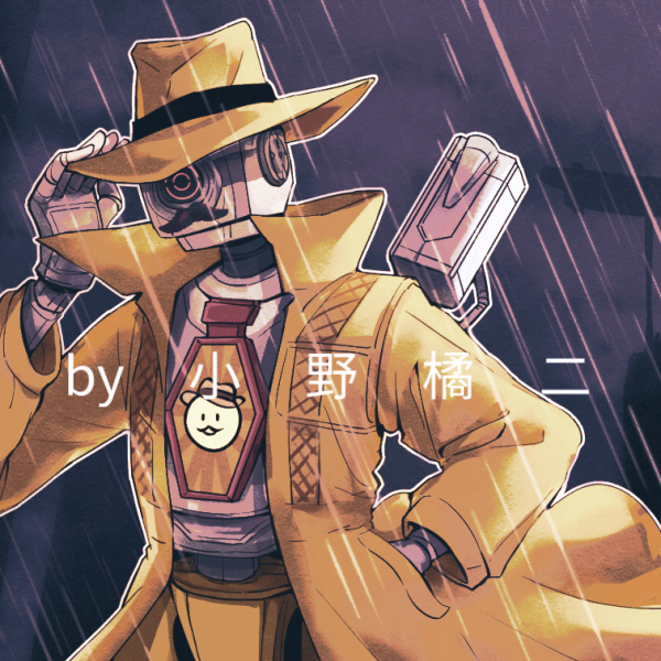 1boy, apex_legends, artist_name, clothed_robot, fake_facial_hair, fake_mustache, fedora, hand_in_pocket, hand_on_headwear, hat, humanoid_robot, jacket, looking_at_viewer, memoir_noir_pathfinder, official_alternate_costume, one-eyed, orange_eyes, pathfinder_(apex_legends), rain, robot, solo, upper_body, xiaoye_ju_er, yellow_hat, yellow_jacket
