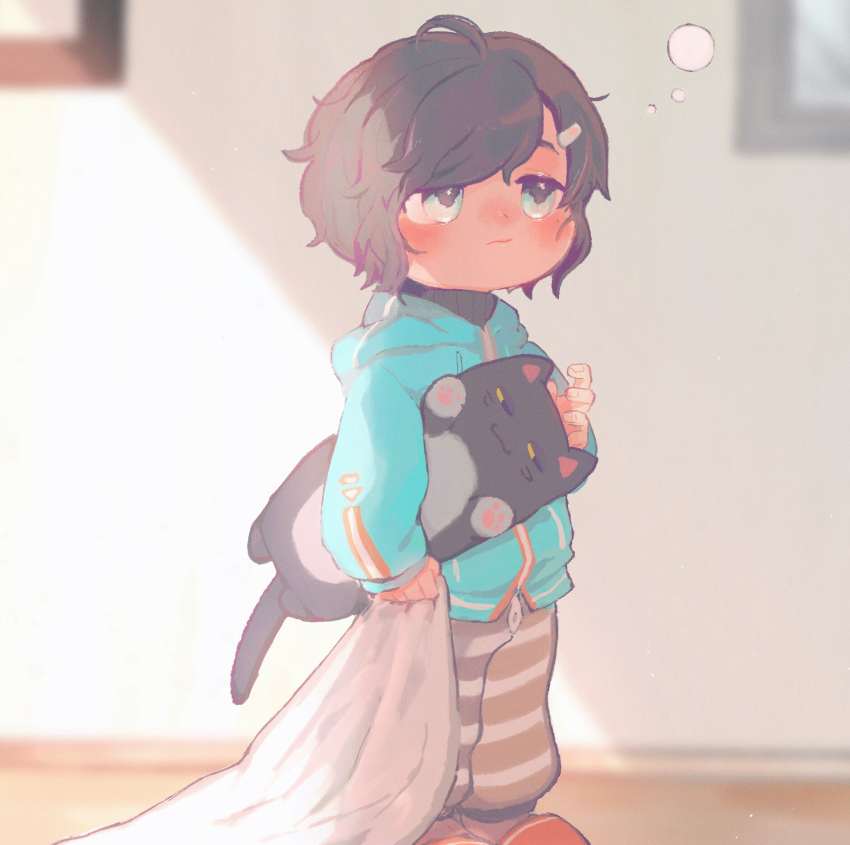 1boy, black_hair, blanket, blue_eyes, blue_jacket, blurry, blurry_background, blush
