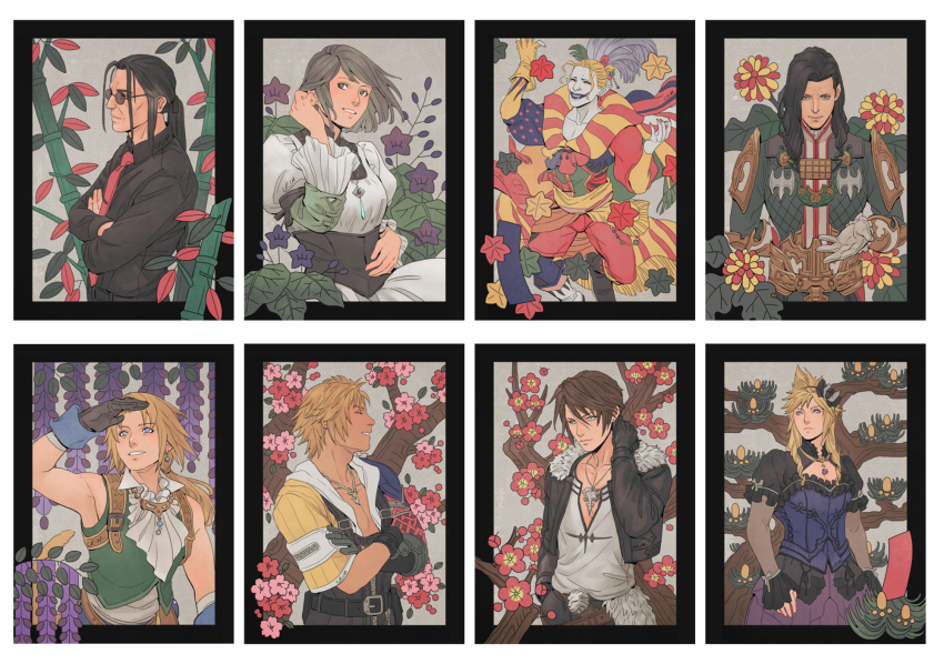 1girl, 6+boys, black_hair, blonde_hair, brown_hair, cefca_palazzo, cloud_strife, cloud_strife_(blue_dress)