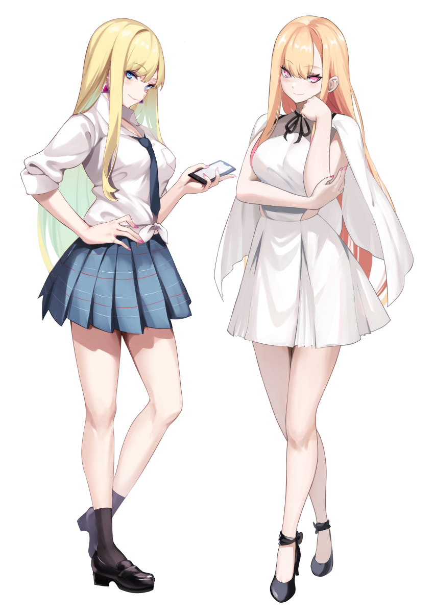 2girls, absurdres, black_footwear, blonde_hair, blue_eyes, blue_necktie, blue_skirt, breasts, cellphone, closed_mouth, cosplay, costume_switch, crossover, dress, dual_persona, earrings, full_body, gigi_andalusia, gigi_andalusia_(cosplay), gundam, gundam:_hathaway's_flash, hand_on_own_hip, high_heels, highres, holding, holding_phone, jewelry, kitagawa_marin, kitagawa_marin_(cosplay), legs, long_hair, looking_at_viewer, medium_breasts, multiple_girls, necktie, orange_hair, phone, plaid_clothes, plaid_skirt, pleated_skirt, school_uniform, shirt, simple_background, skirt, sleeveless, sleeveless_dress, smile, socks, sono_bisque_doll_wa_koi_wo_suru, spider_apple, standing, tied_shirt, white_background, white_dress, white_shirt