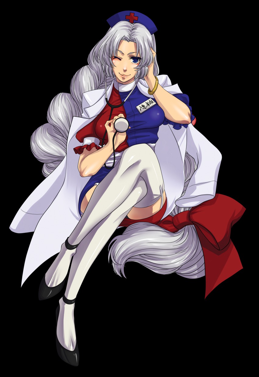 1girl, absurdres, bad_id, bad_pixiv_id, blue_eyes, braid, female_focus, full_body, garter_belt, garter_straps, hat, highres, crossed_legs, long_hair, one_eye_closed, silver_hair, sitting, solo, suzaki, thighhighs, touhou, transparent_background, wink, yagokoro_eirin