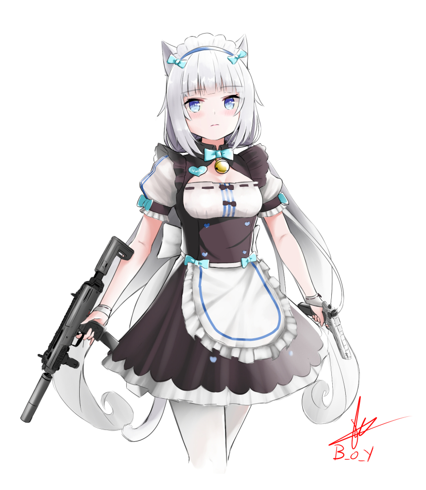 1girl, animal_ears, apron, artist_name, b_o_y, bell, blue_bow, blue_eyes, blunt_bangs, bow, breasts, buttons, cat_ears, cat_girl, cat_tail, commentary, desert_eagle, dual_wielding, frilled_apron, frills, frown, gun, h&amp;k_mp7, handgun, heart, heart_button, highres, holding, jingle_bell, long_hair, looking_at_viewer, low_twintails, machine_gun, machine_pistol, maid, maid_apron, maid_headdress, name_tag, neck_bell, nekopara, pantyhose, personal_defense_weapon, puffy_short_sleeves, puffy_sleeves, short_sleeves, signature, simple_background, small_breasts, solo, submachine_gun, suppressor, tail, twintails, uniform, vanilla_(nekopara), very_long_hair, waist_apron, weapon, white_apron, white_background, white_hair, white_pantyhose, white_wrist_cuffs, wrist_cuffs